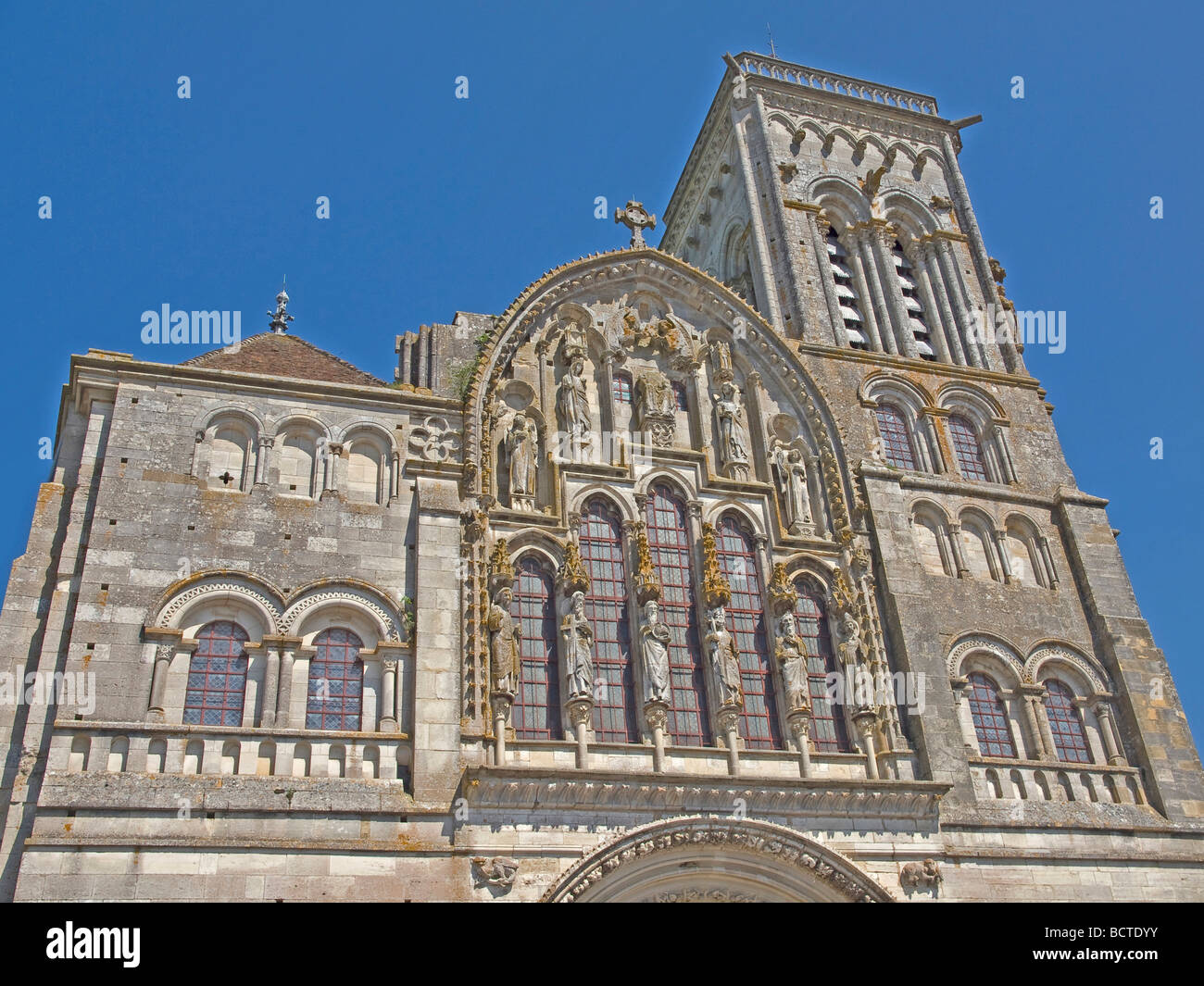 church roman basilica Sainte Marie Madeleine in Vezelay outside the wall with very much sculptures Stock Photo