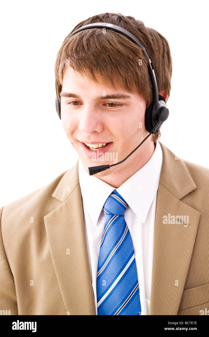 Young man wearing a headset Stock Photo Alamy