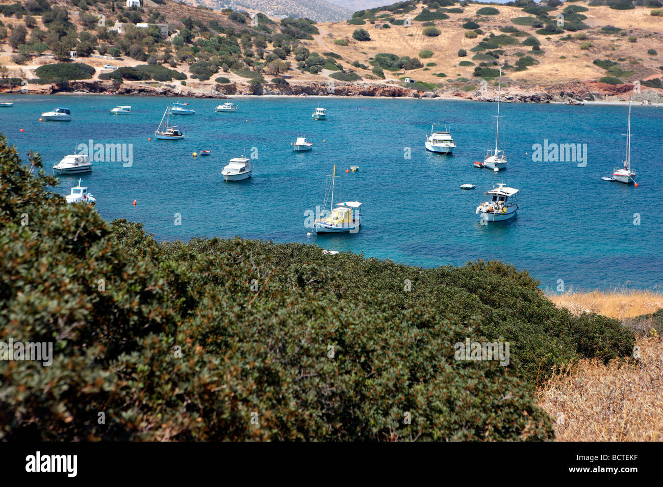 Yachts and motor boats moored in Greece Stock Photo