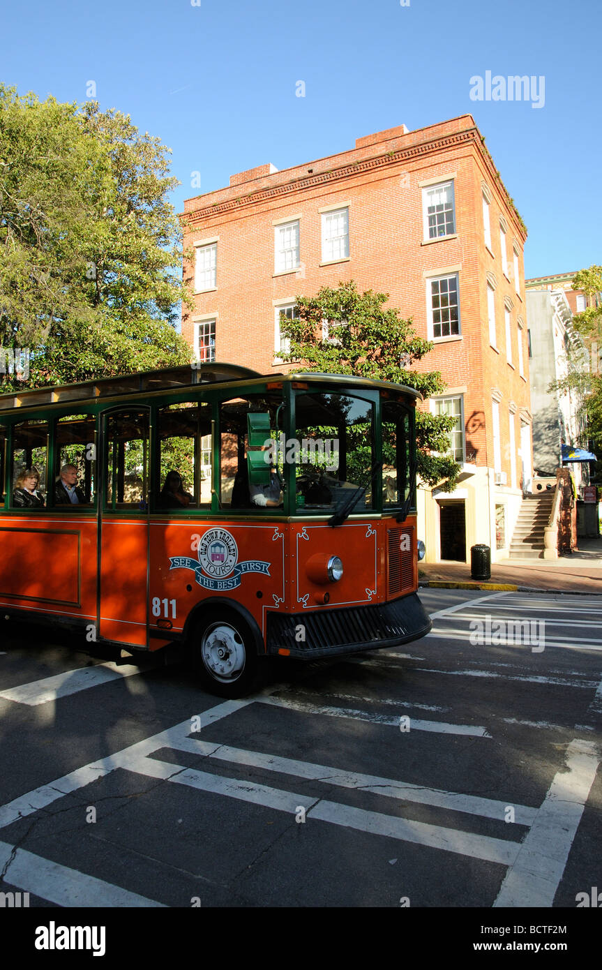 Trolley bus tour of Savannah USA Stock Photo Alamy