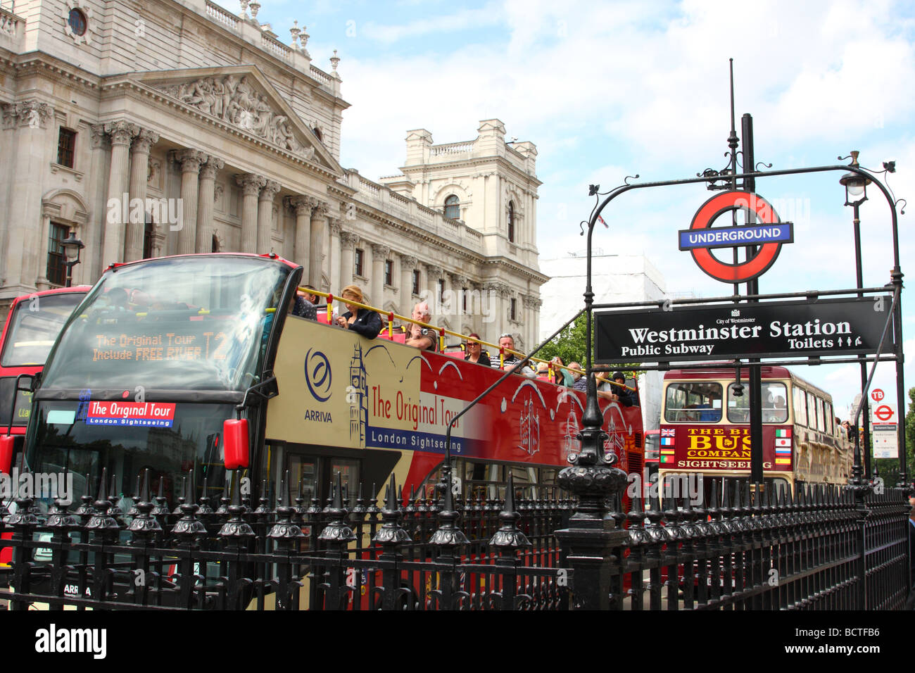 Open top sightseeing tour buses, Whitehall, Westminster, London, England, U.K. Stock Photo