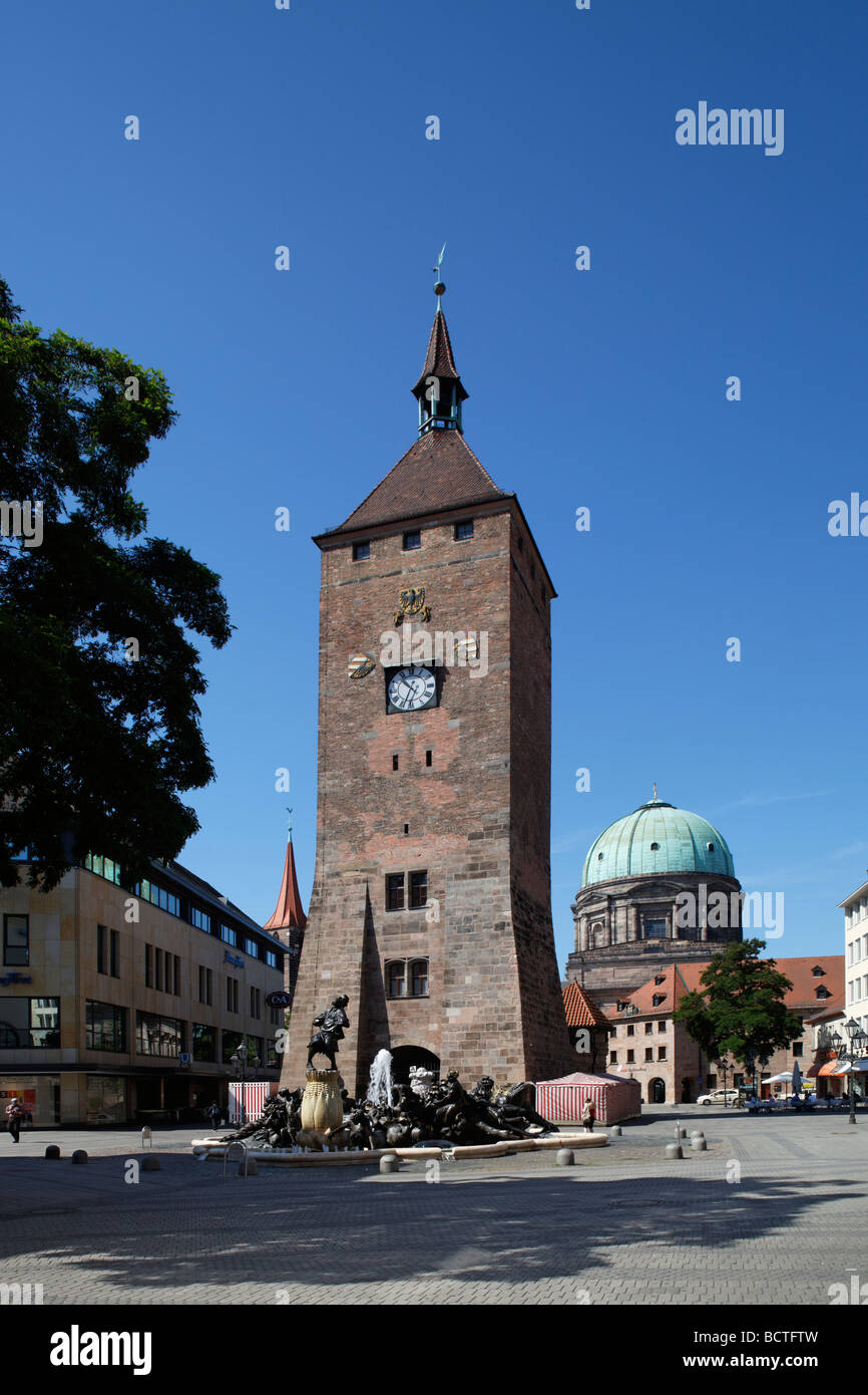 Weisser Turm tower, turret clock, 1250, Ehekarussell fountain, Ludwigsplatz square, St. Elisabeth church, dome, old town, Nurem Stock Photo