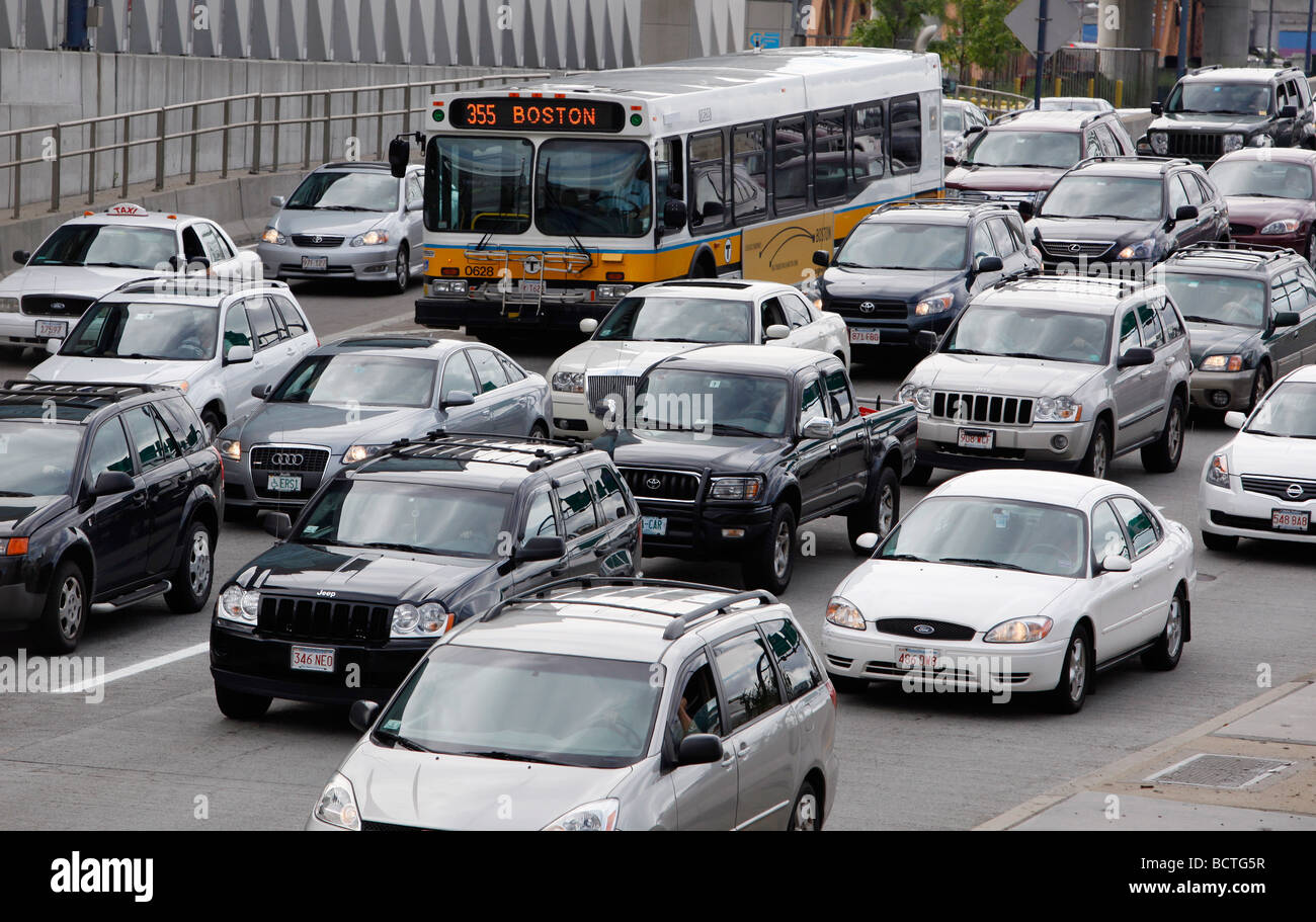 City bus, rush hour traffic, Boston Stock Photo