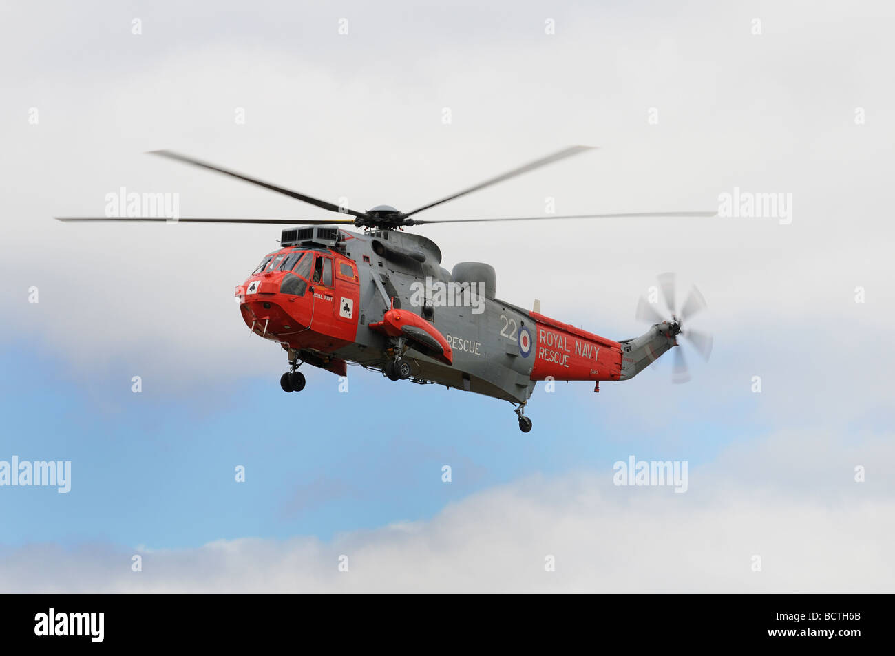 British Royal Navy Rescue Helicopter, a Sea King HU5 from 771 Naval Air Squadron displays at the 2009 International Air Tattoo Stock Photo