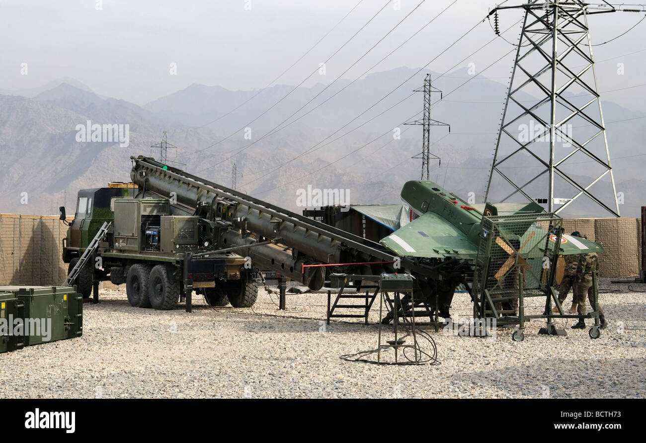 A French UAV or Unmanned Aerial Vehicle prepares to launch at a base in Afghanistan Stock Photo