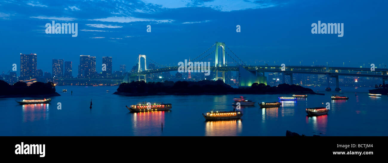 View of Rainbow Bridge and northern Tokyo Bay facing Tokyo from Odaiba island in Japan Stock Photo