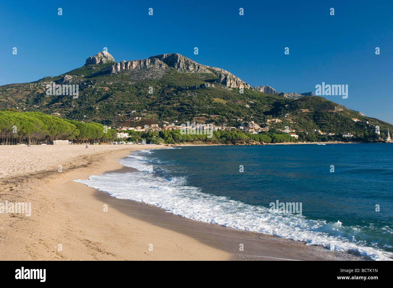 Sandy beach, coast, Bay of Santa Maria Navarrese, Sardinia, Italy, Europe Stock Photo