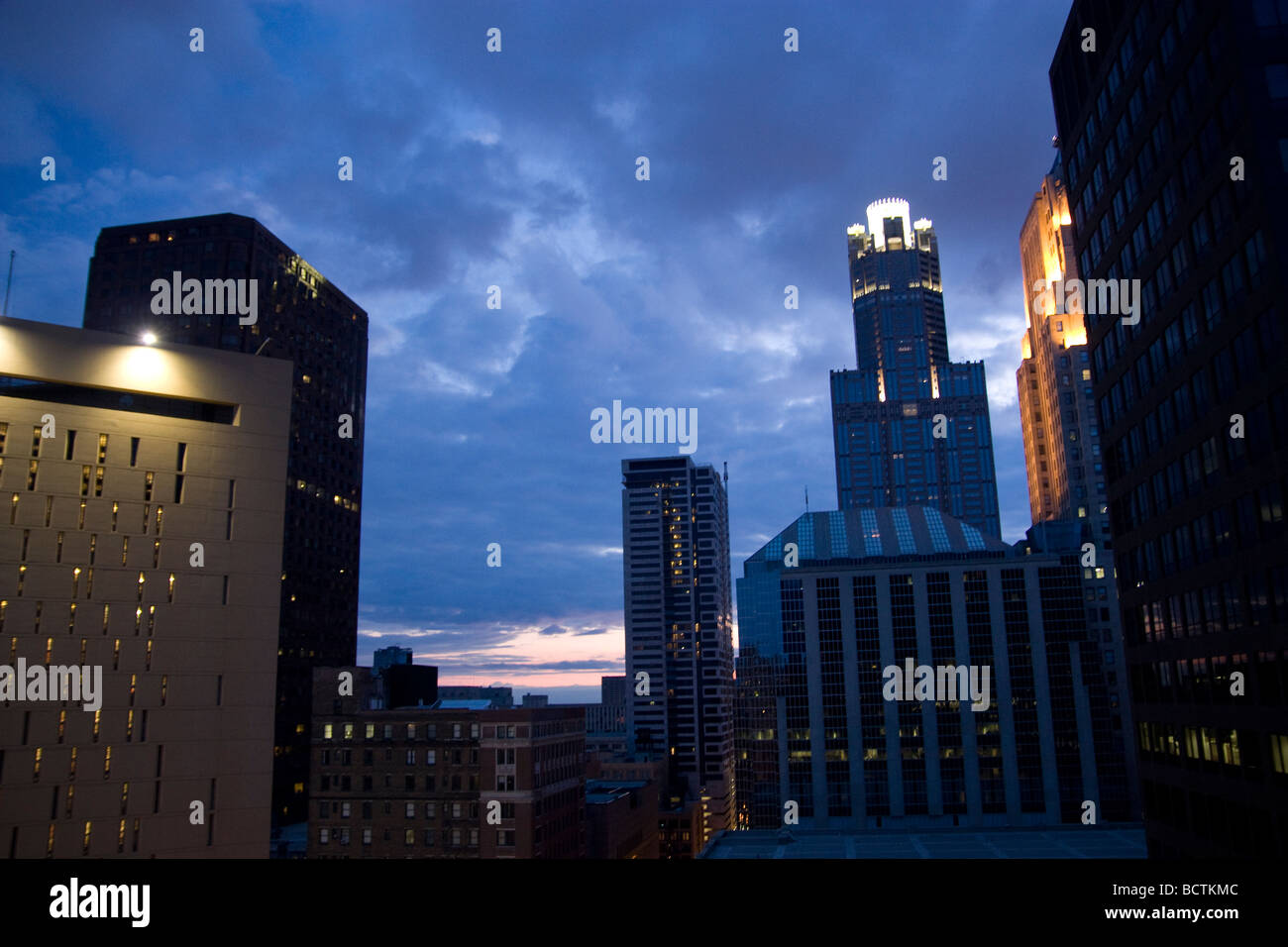 Tall buildings in South Loop in Chicago at night Stock Photo