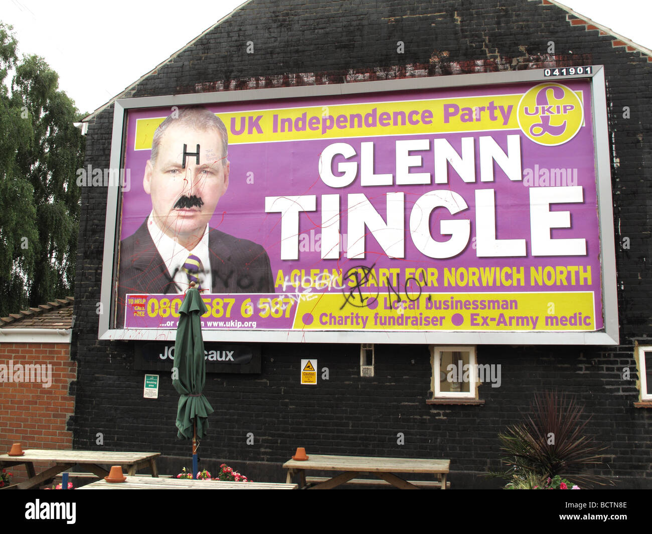 UKIP UK Independence Party billboards  for the Norwich North by-election in July 2009. All have been de-faced with graffiti Stock Photo
