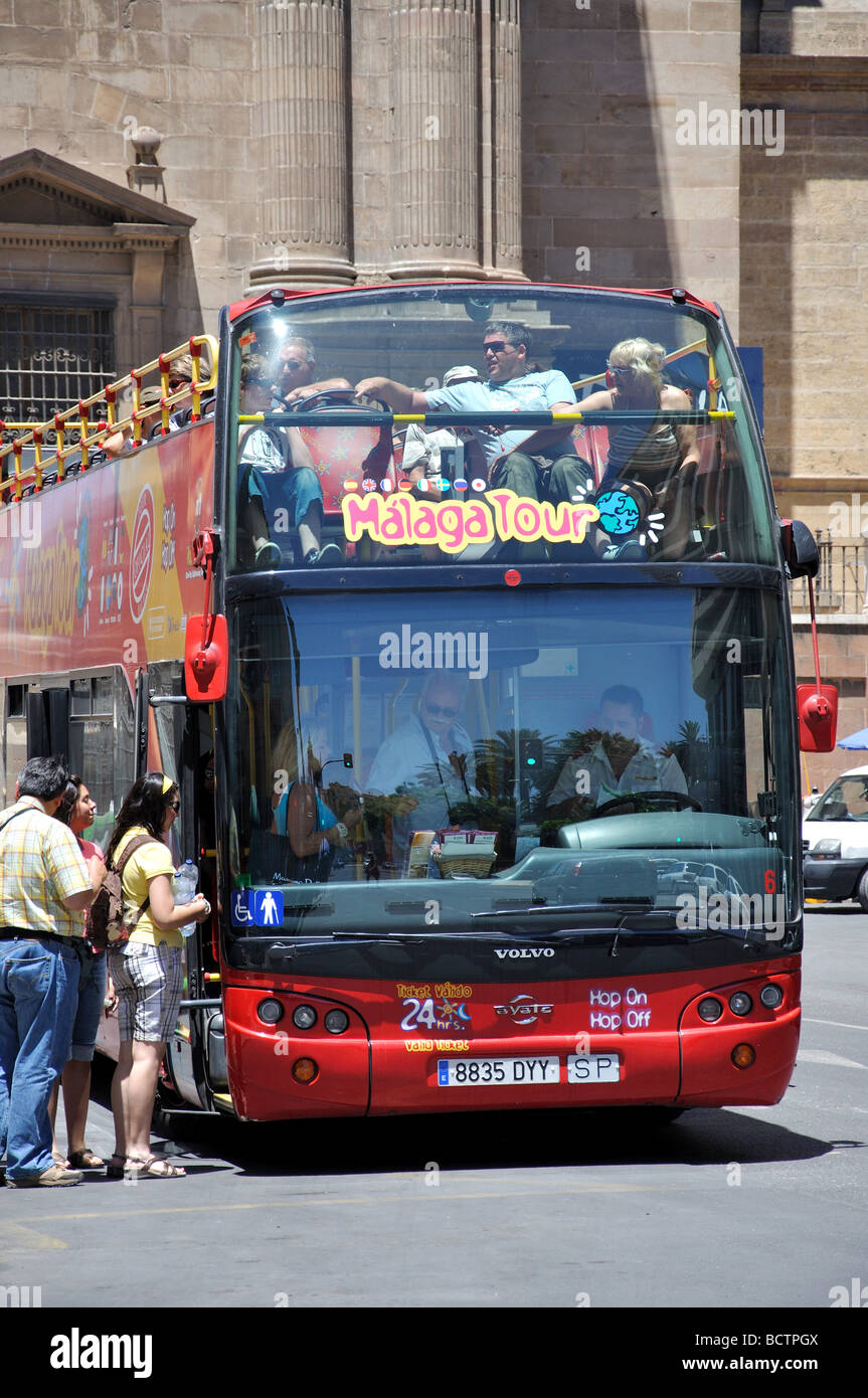 Open-top tourist bus, Plaza del Obispo, Malaga, Costa del Sol, Malaga Province, Andalucia, Spain Stock Photo