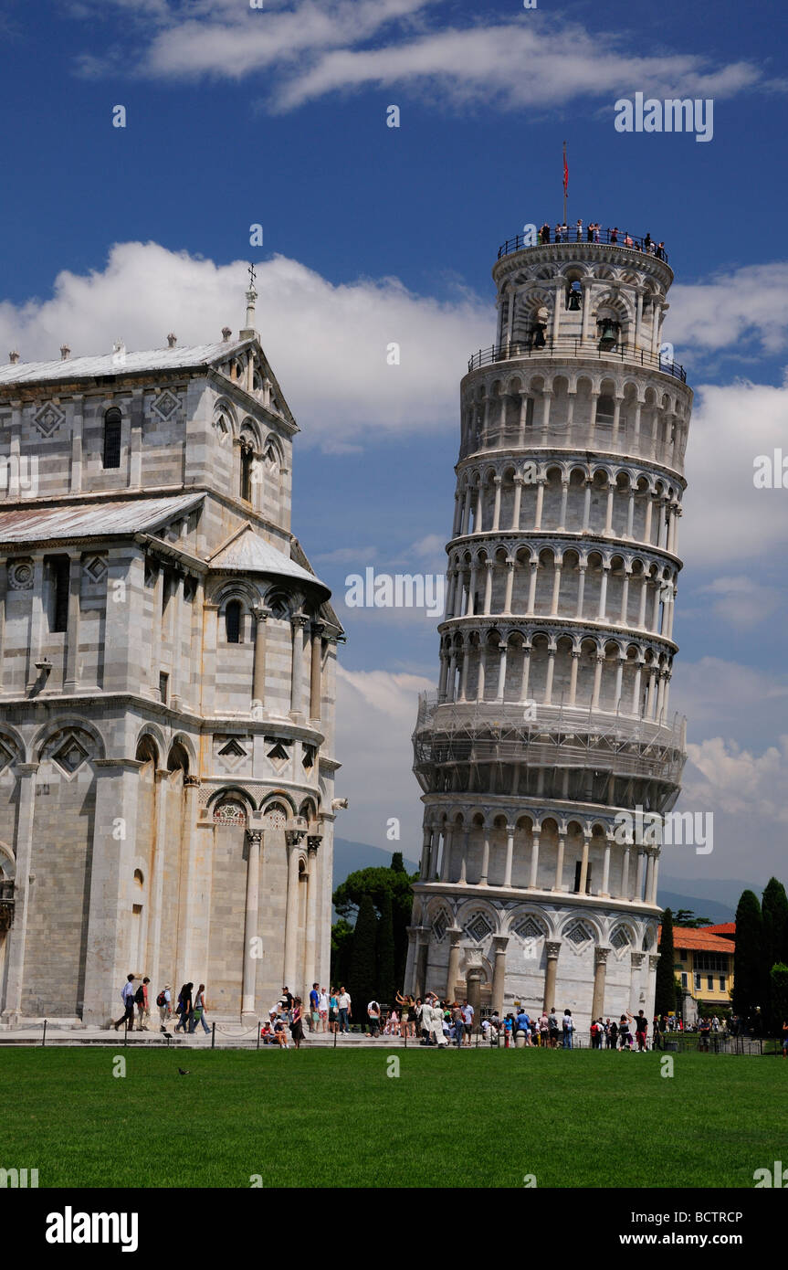 The Leaning Tower of Pisa with cathedral Stock Photo