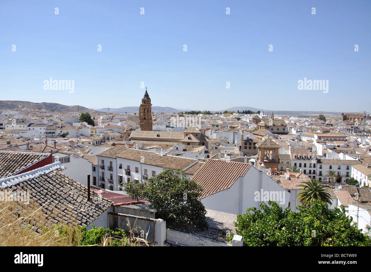 View over city from Castle, Antequera, Malaga Province, Andalusia, Spain Stock Photo