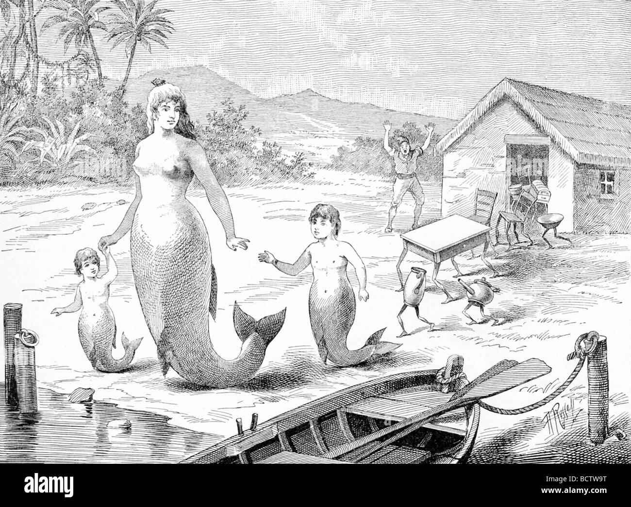 Sailors tell of a mermaid who  oved  a human. After he insulted her, she left him, and their children and all in the house left. Stock Photo
