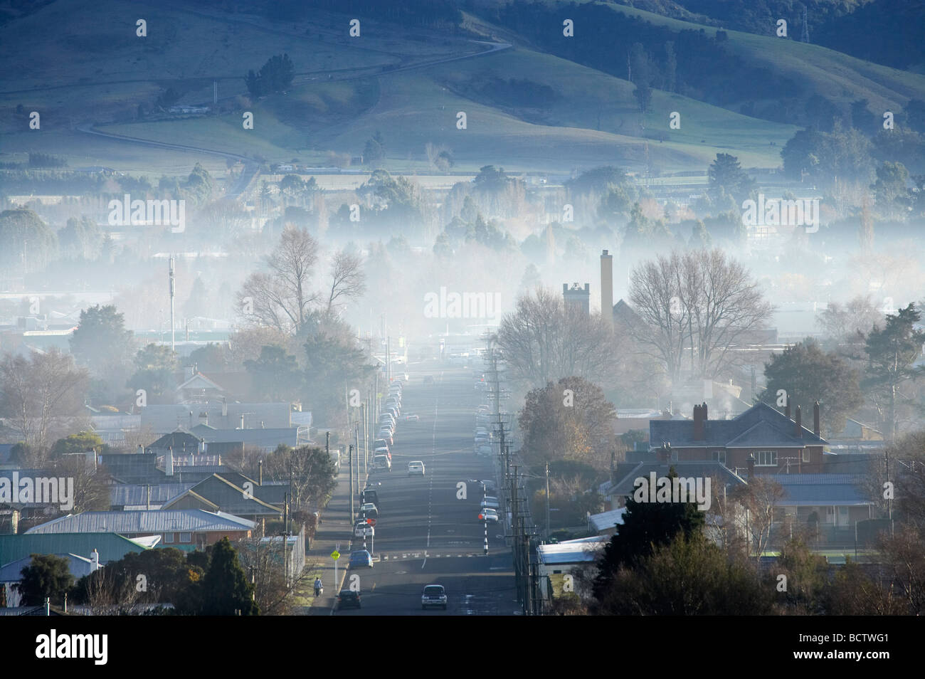 Winter Air Pollution over Mosgiel Dunedin Otago South Island New Zealand Stock Photo
