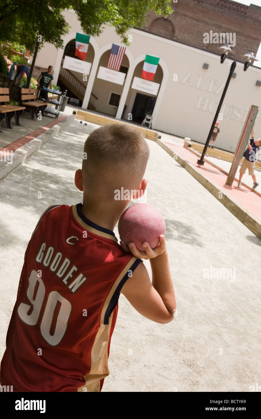 Kids playing bocce on Mayfield Road Little Italy Cleveland Ohio Stock