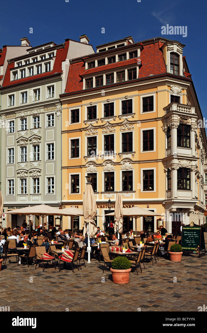 Decorative townhouses with café at Neumarkt square, Dresden, Saxony, Germany, Europe Stock Photo