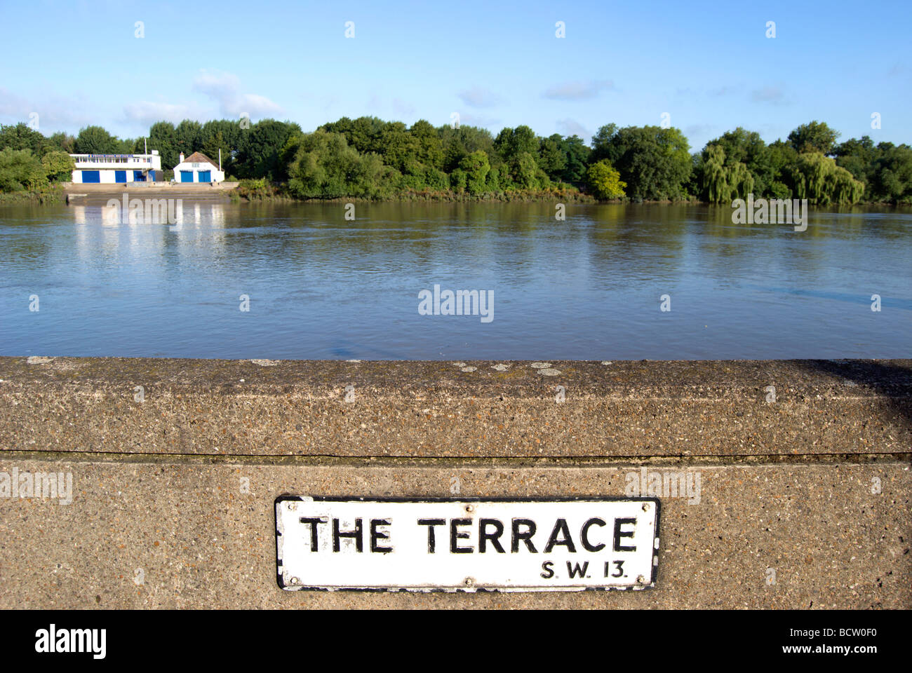 street name plate for the terrace, barnes, southwest london, with view across the river thames to dukes meadows Stock Photo
