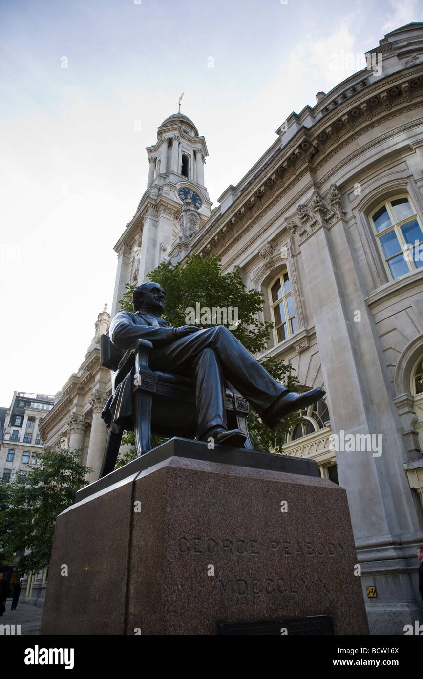 Statue of the London based banker and philanthropist George Peabody outside the Royal Exchange in London, England. Stock Photo
