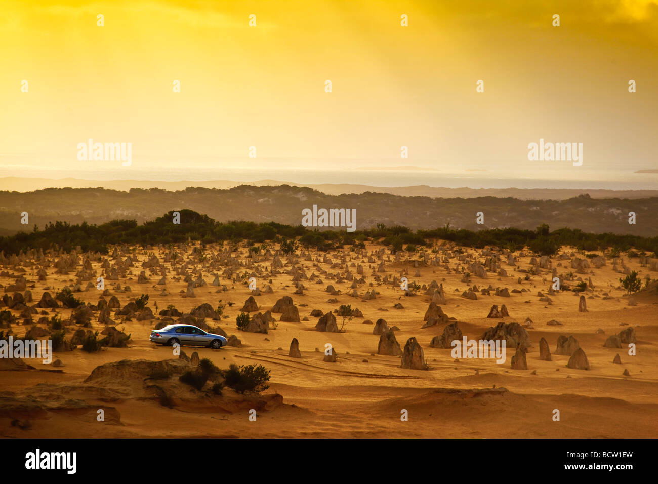 Car in the evening light in the Pinnacles National Park, Western Australia, Australia Stock Photo