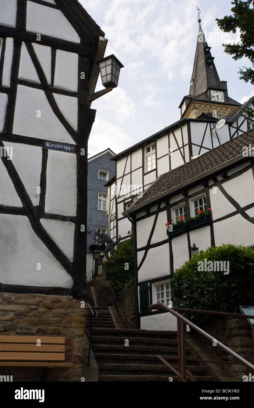 stairway to the church and timber-frame houses, Essen-Kettwig, Germany Stock Photo