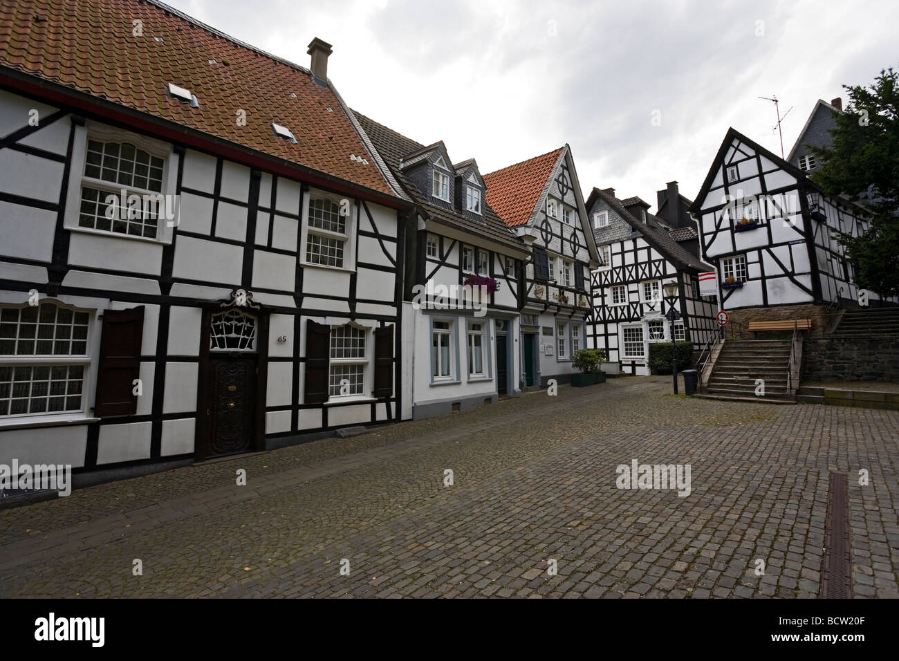 timber-frame houses near Weberbrunnen at Essen-Kettwig old town Stock Photo