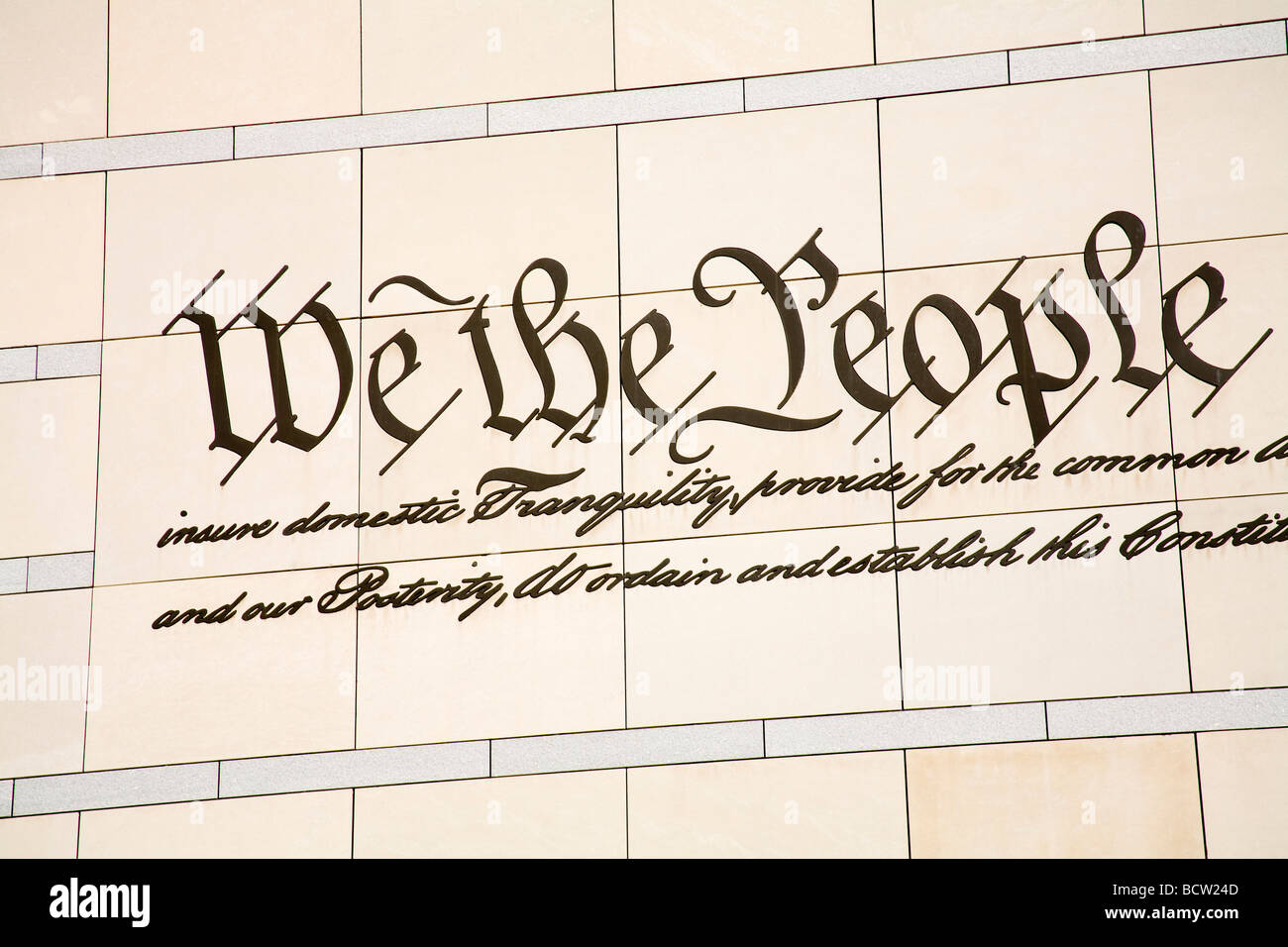 Preamble to the US Constitution on the a wall of a museum National Constitution Center Old City Philadelphia Pennsylvania USA Stock Photo