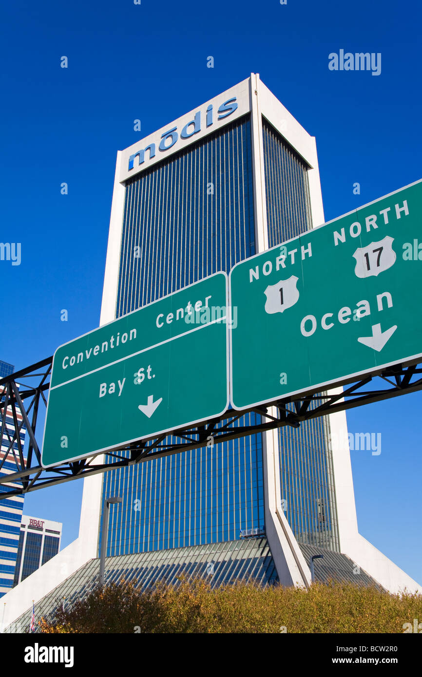 Low angle view of a road sign, Modis Tower, St. John's River, Jacksonville, Duval County, Florida, USA Stock Photo