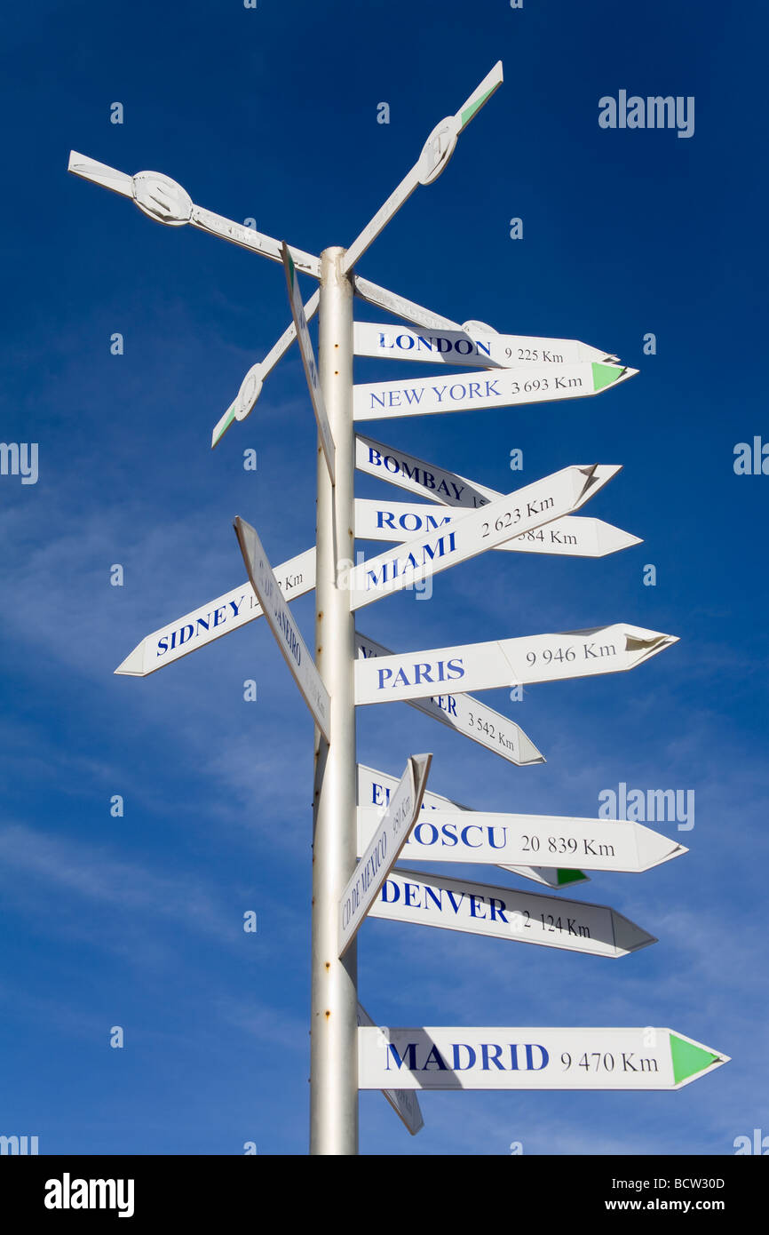 Low angle view of a directional sign, Bay Of Banderas, Puerto Vallarta, Jalisco, Mexico Stock Photo