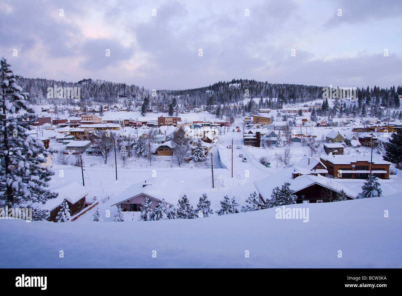 Snow covered houses in a town, Truckee, California, USA Stock Photo