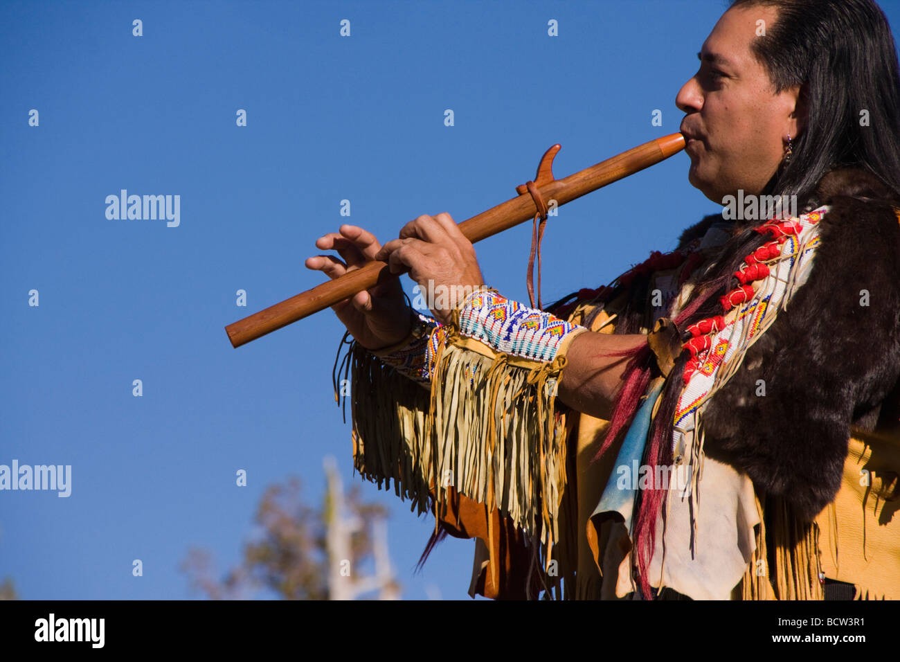 Lakota man in traditional clothing playing a flute, Donner Summit, Truckee, California, USA Stock Photo