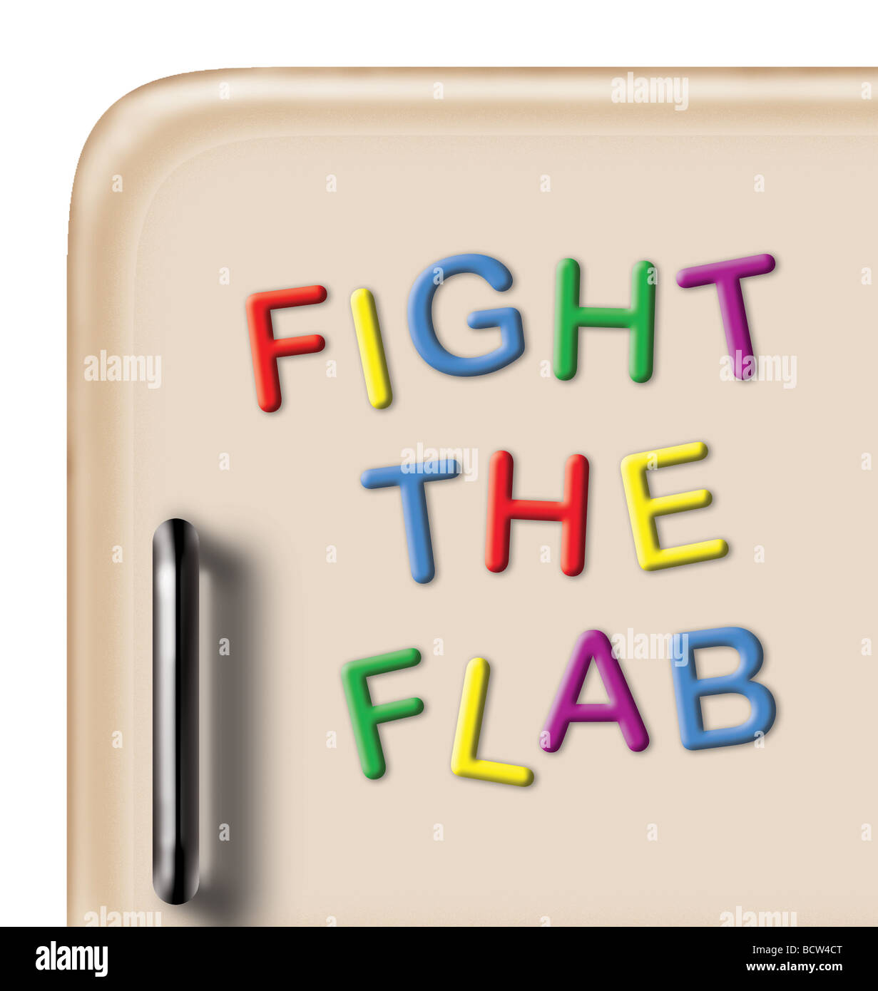 1950’s style fridge door with magnets making slogan ‘FIGHT THE FLAB’ on white background. Stock Photo