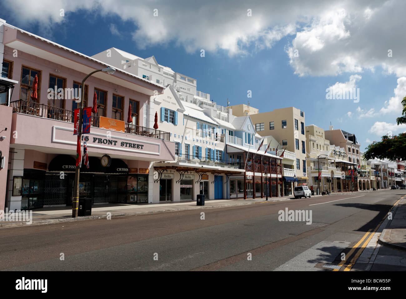 Buildings along a street, Front Street, Hamilton, Bermuda Stock Photo