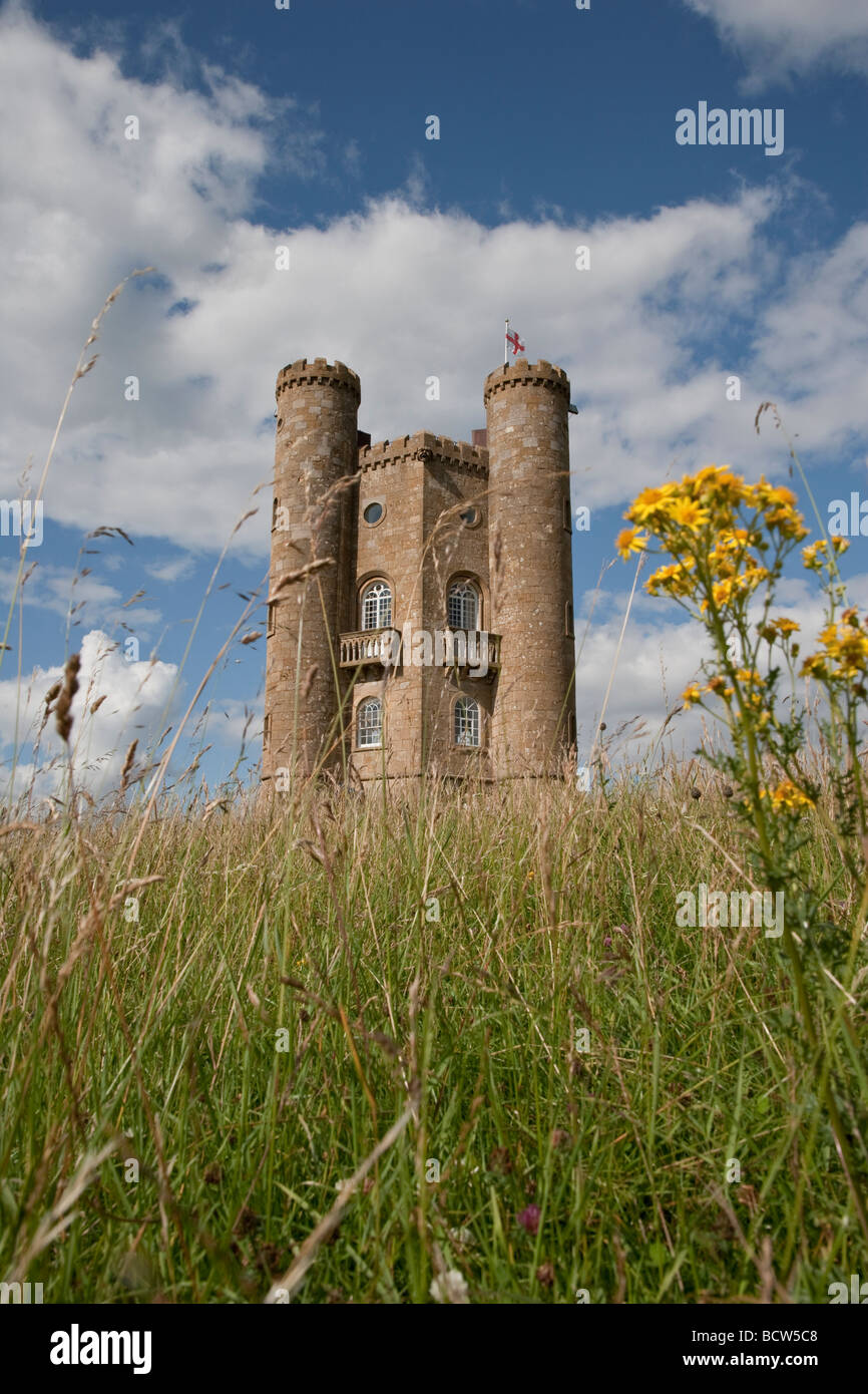 Upright image of Broadway Tower on Broadway Hill with meadow grass and wild flower in foreground. Stock Photo