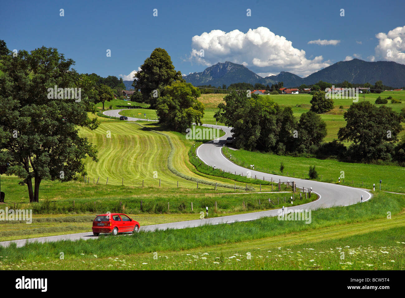 Road, red car, landscape, summer, Riegsee lake, Murnau, Upper Bavaria, Bavaria, Germany, Europe Stock Photo