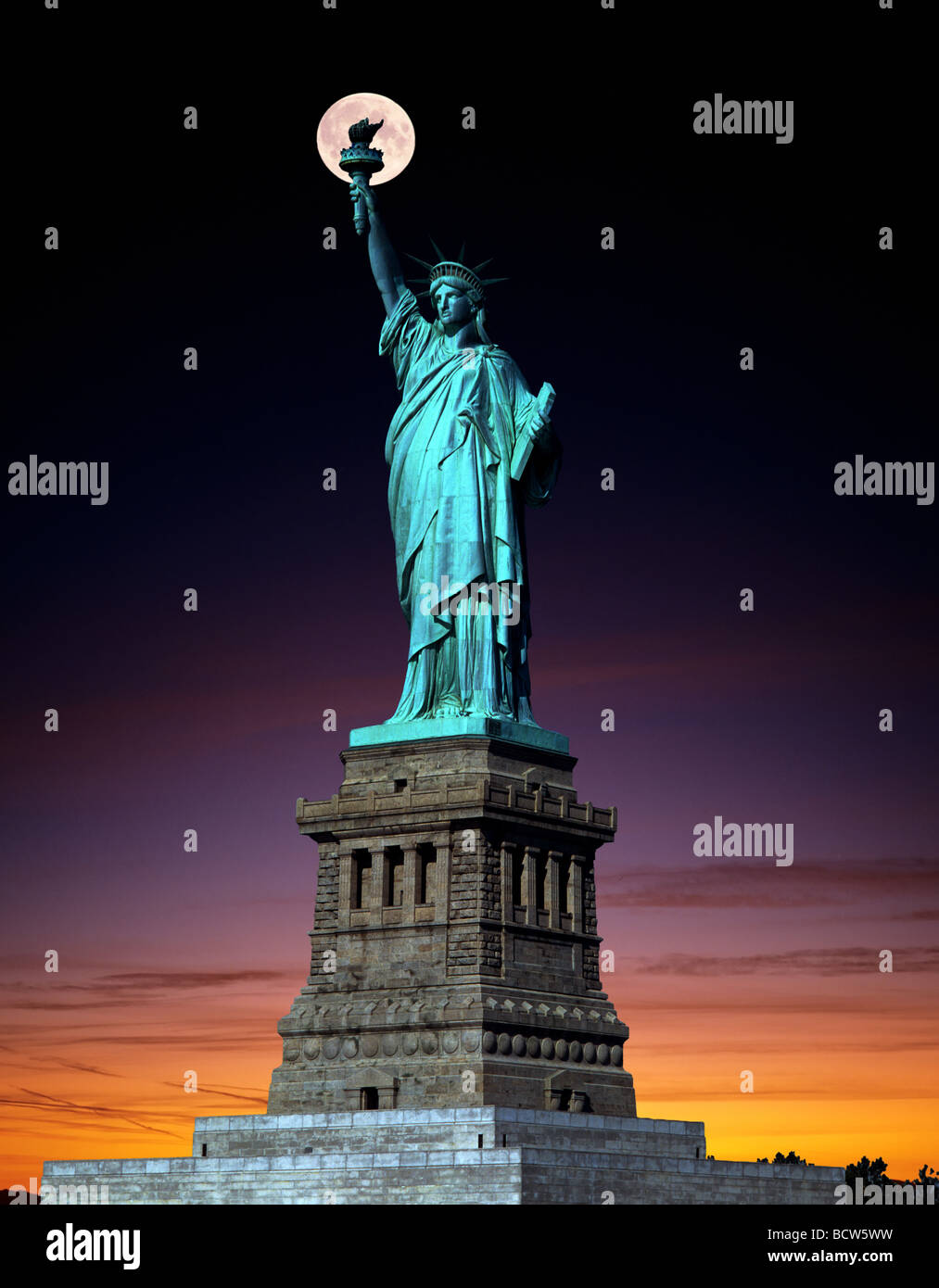 Statue of Liberty, full moon, twilight, composing, New York, USA Stock Photo