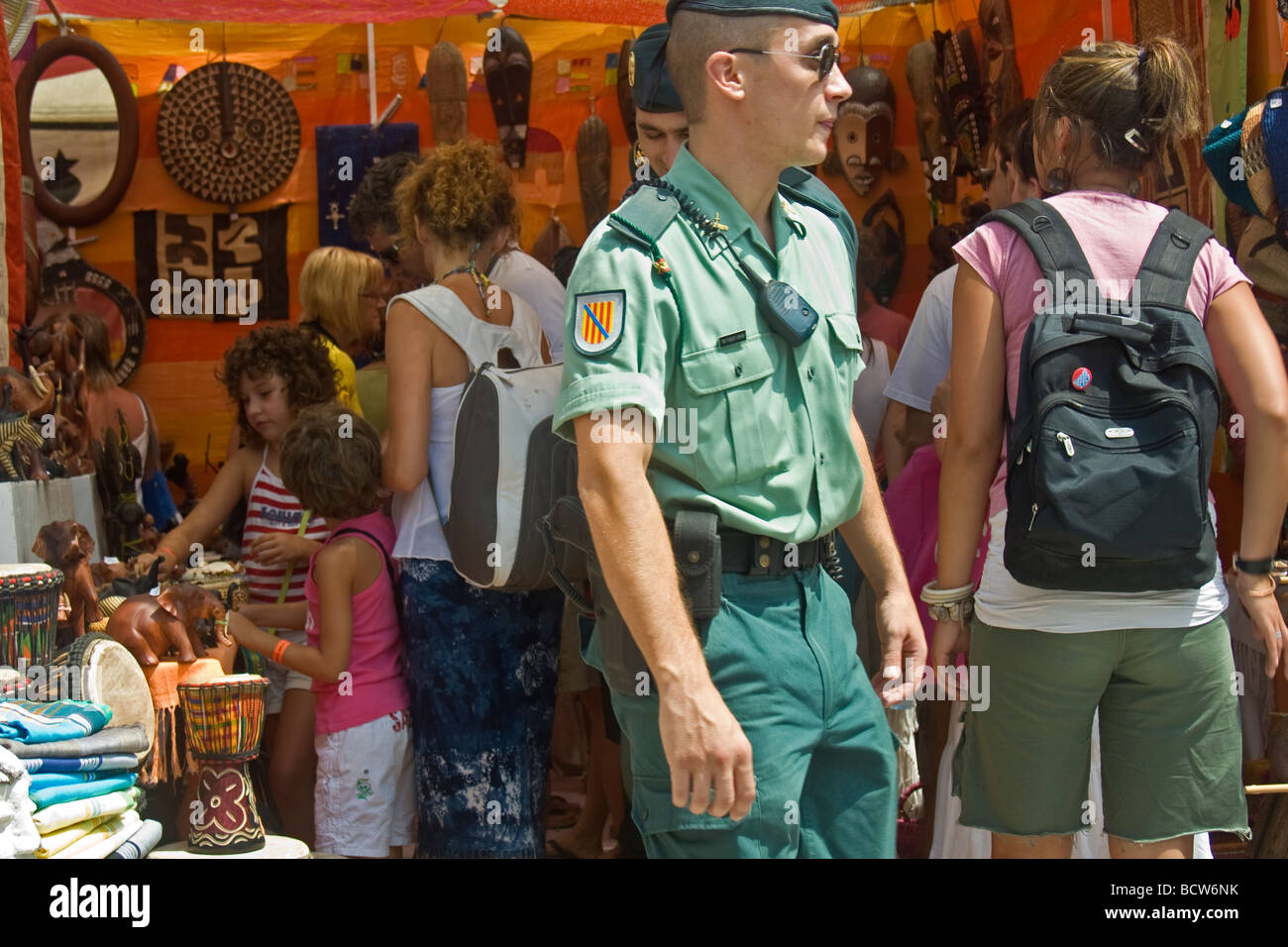 Guardia Civil, patrolling 'Hippy Market', Sant Carles de Peralta, Ibiza, Balearic Islands, Spain. Stock Photo