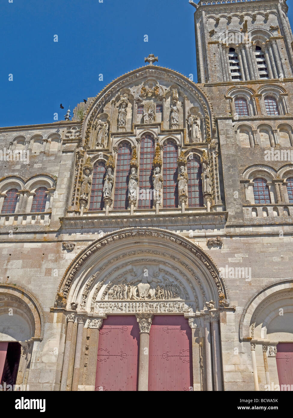 Sainte Marie Madeleine in Vezelay outside the wall with very much sculptures and doors Stock Photo