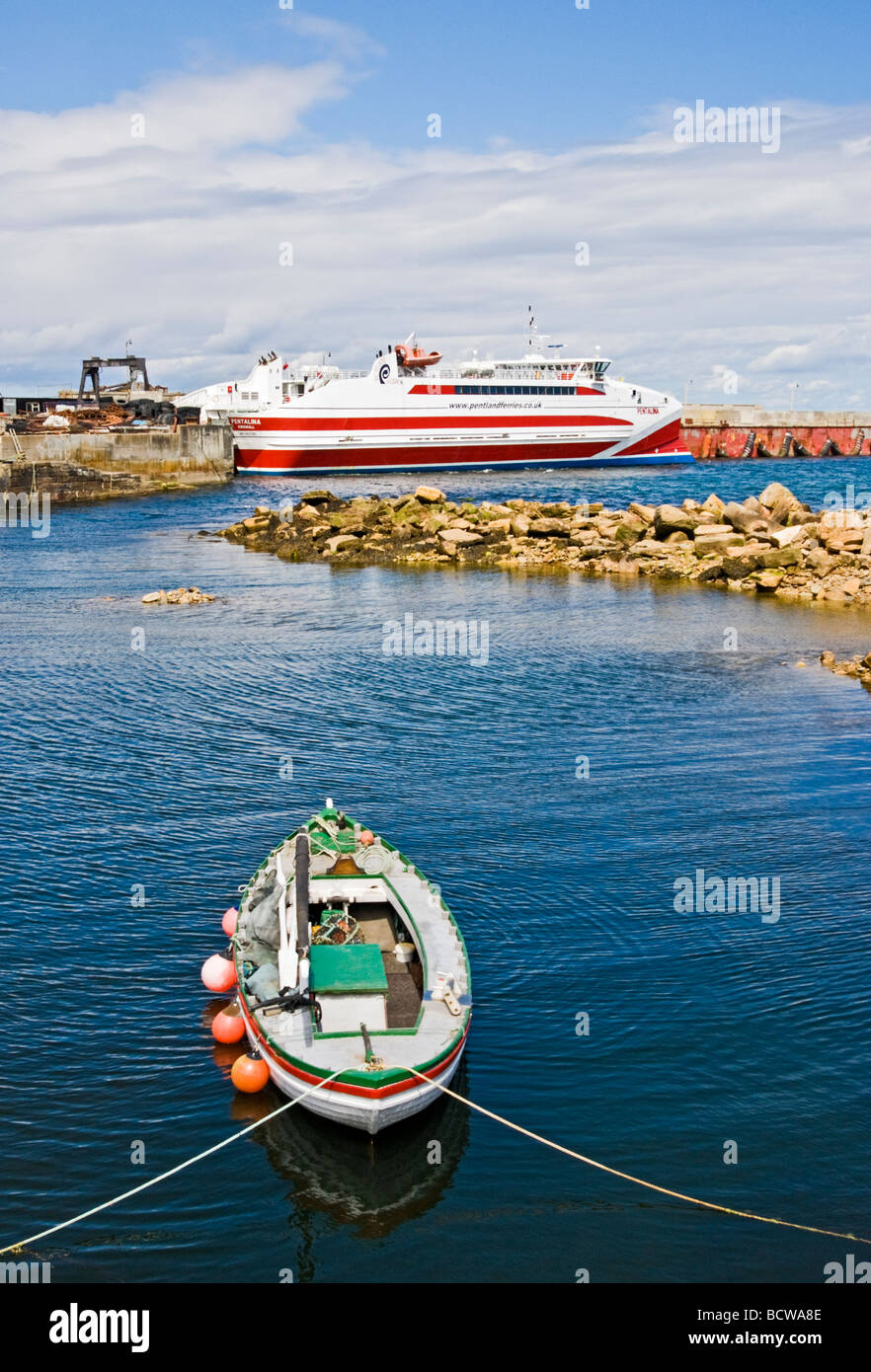 Pentland Ferries Pentalina at its ro-ro berth in Gill's Bay Northern Scotland Stock Photo