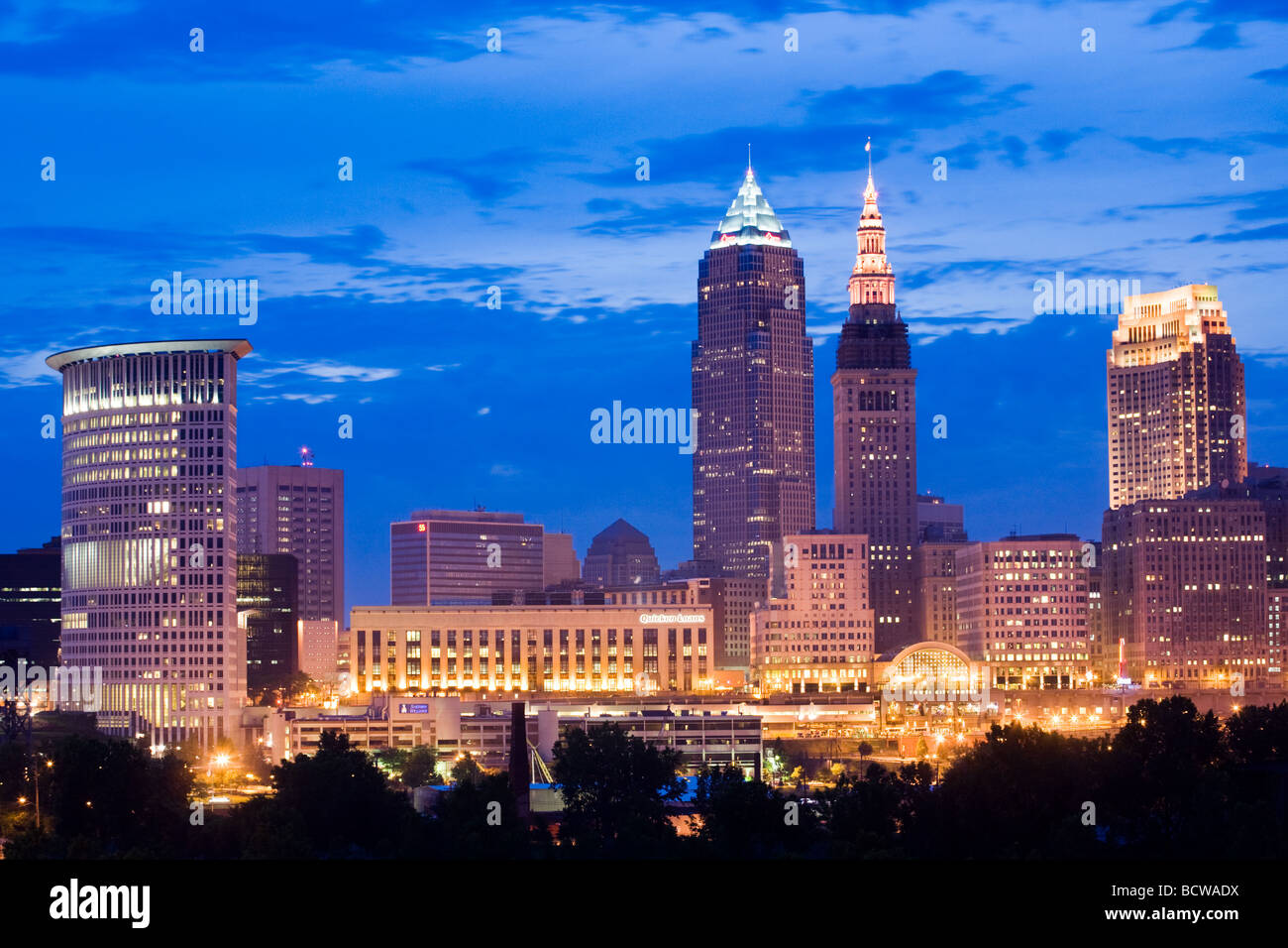 Dusk skyline of downtown Cleveland Ohio Stock Photo Alamy