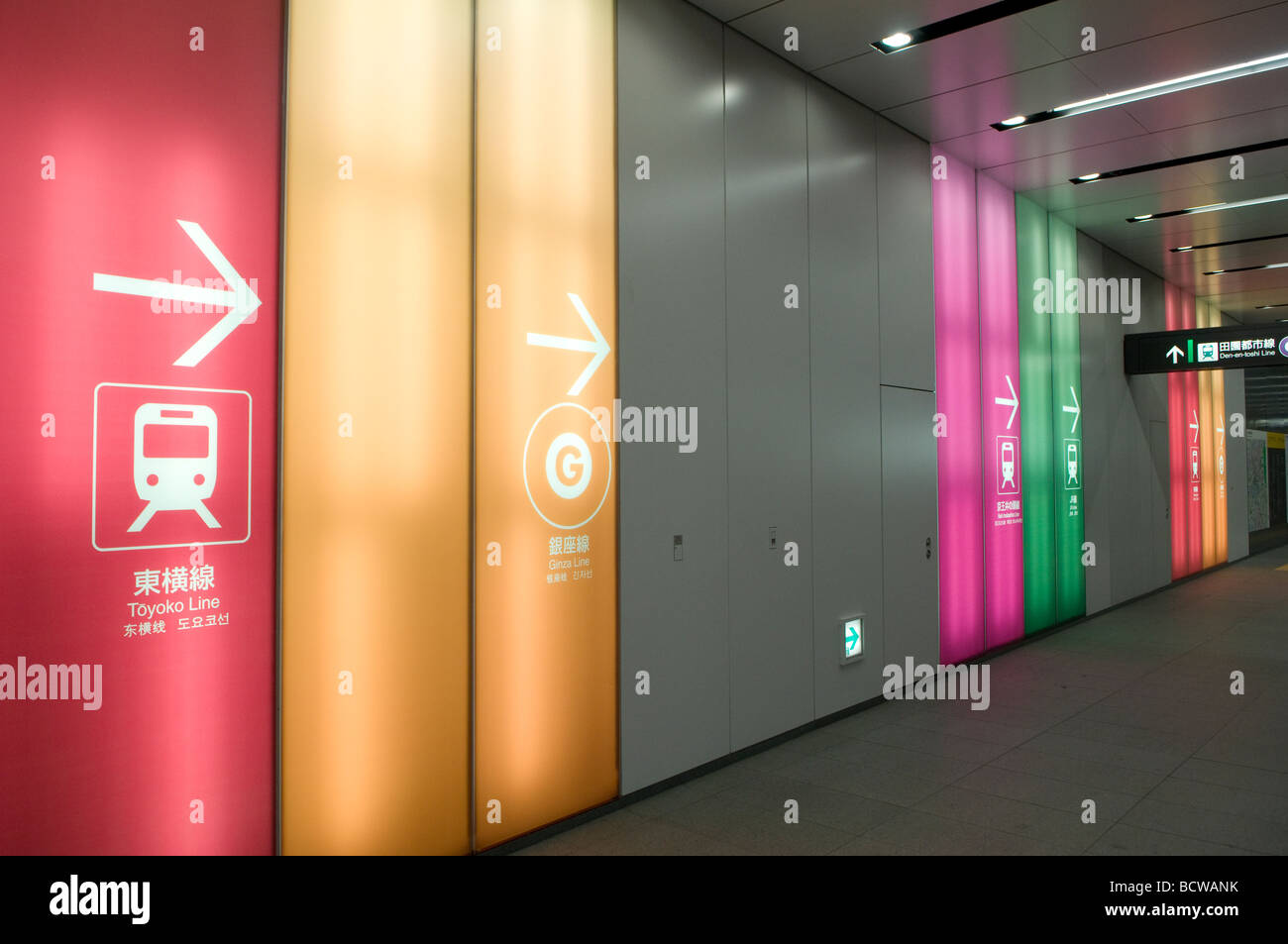 Directions to various platforms indicated with appropriate colour codes at a subway metro station in Tokyo Japan Stock Photo