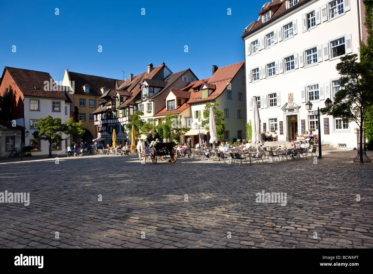 Marketplace with wedding carriage, Meersburg on Lake Constance, administrative district of Tuebingen, Bodenseekreis district, B Stock Photo