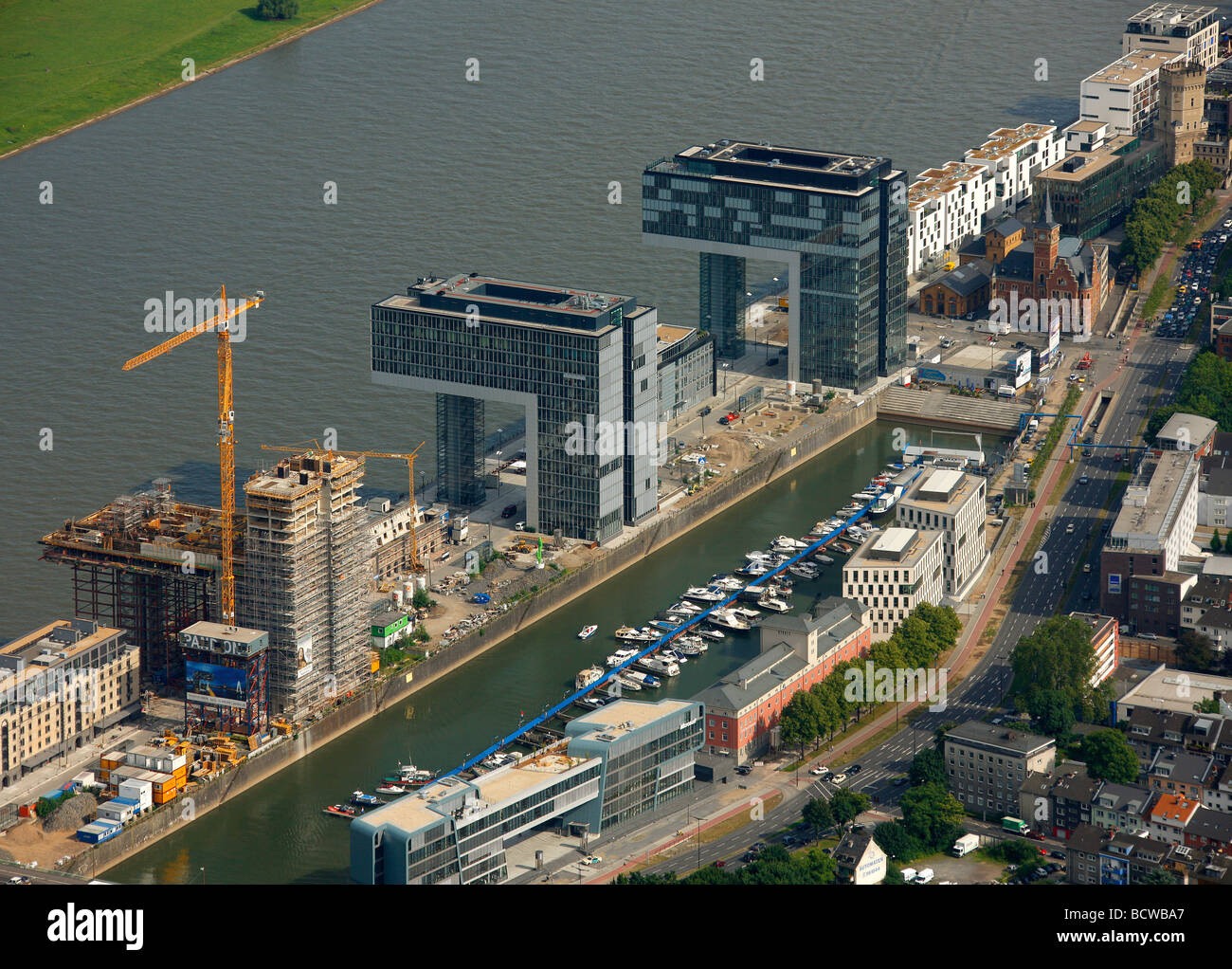 Aerial photograph, Kranhaus crane house construction site in Cologne Rheinauhafen, Pandion AG, Hafenquartier port district, Neu Stock Photo