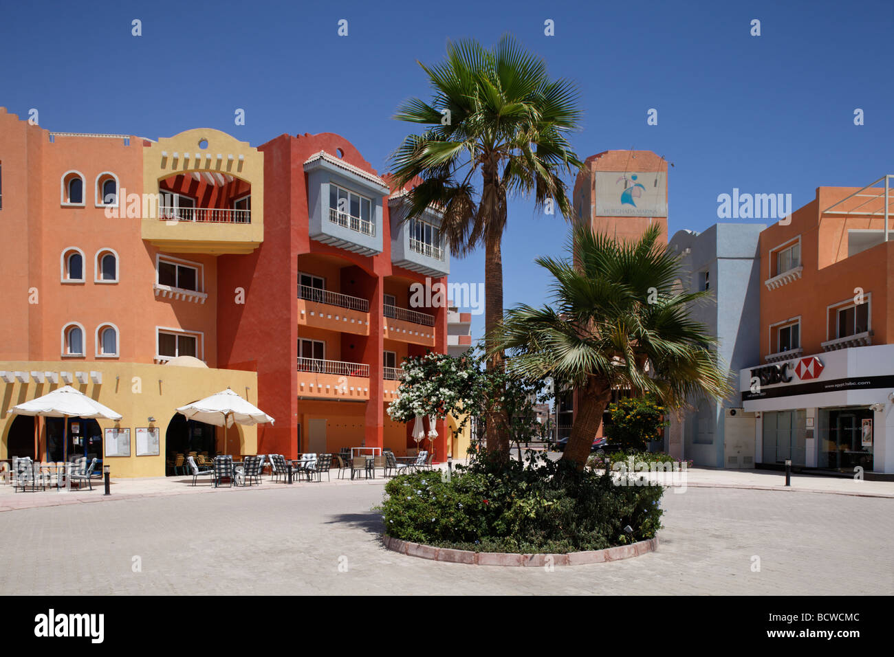 Houses with restaurants, palm trees, marina, Hurghada, Egypt, Red Sea