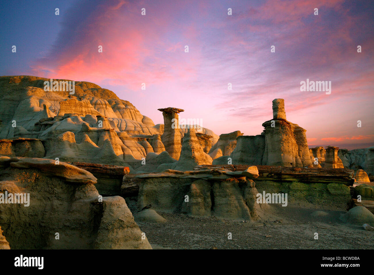 USA, New Mexico, Bisti Badlands at sunset Stock Photo