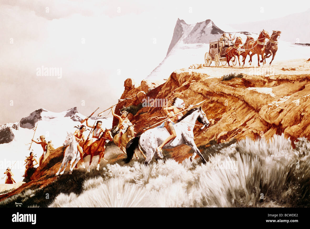 Indian warriors attacking stagecoach by Stanley Borack, 20th century Stock Photo