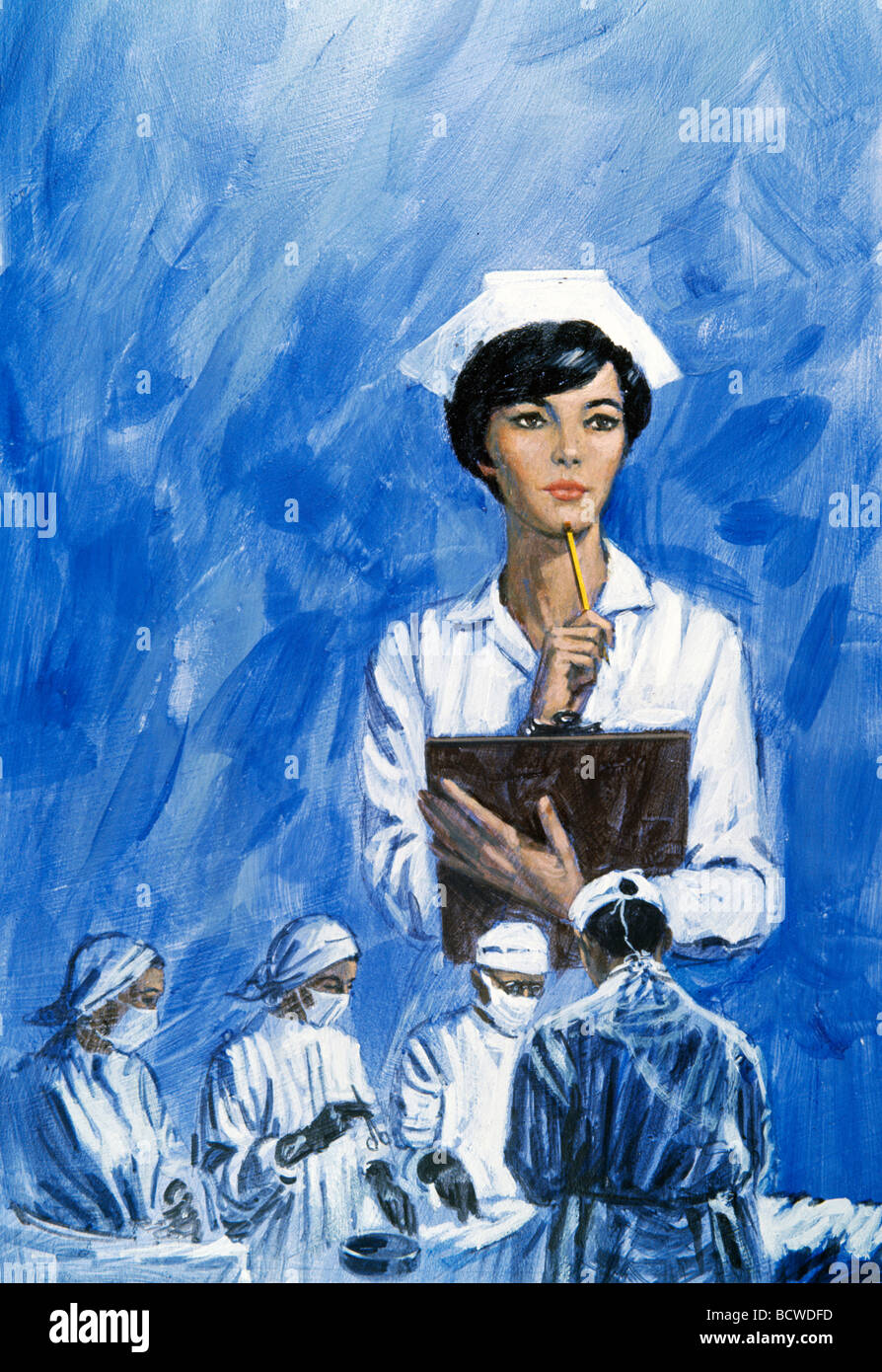 Operation room, female nurse on the background by Stanley Borack, 20th century Stock Photo