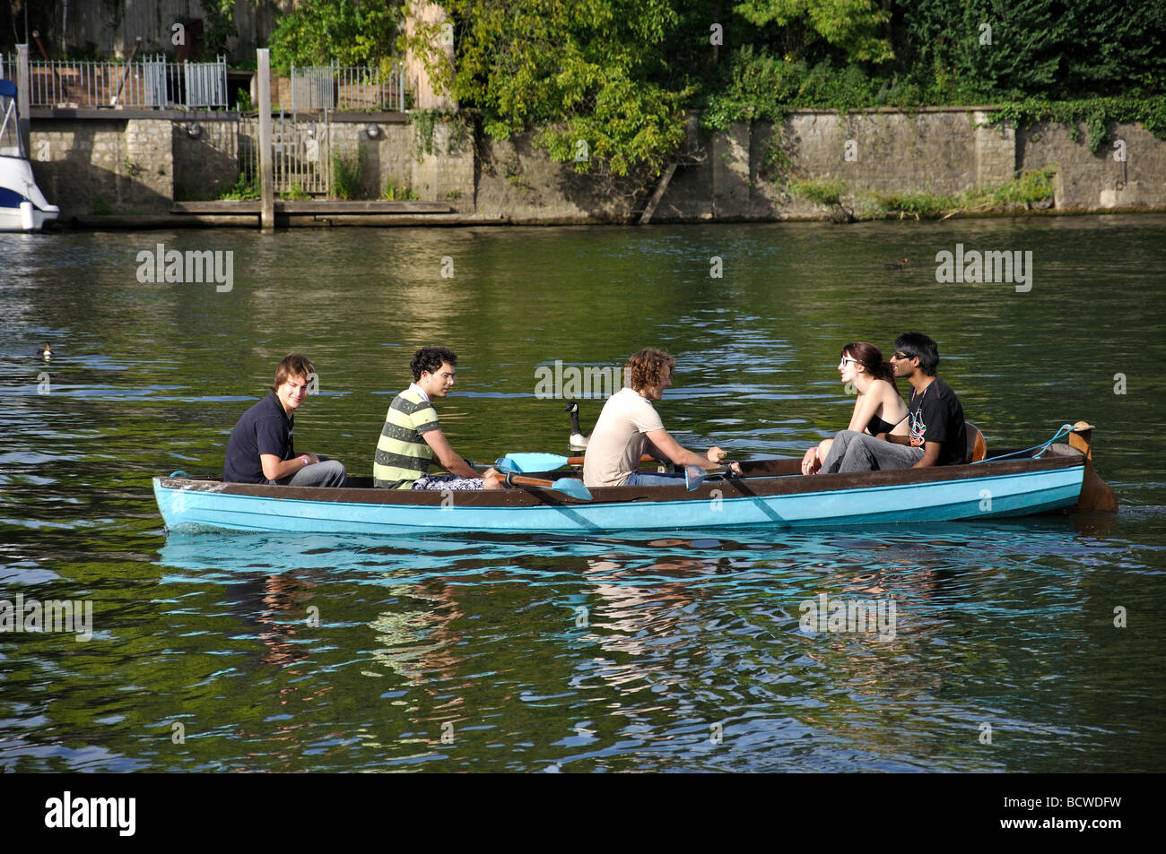 Hire boat on River Thames, East Molesey, Surrey, England, United Kingdom Stock Photo