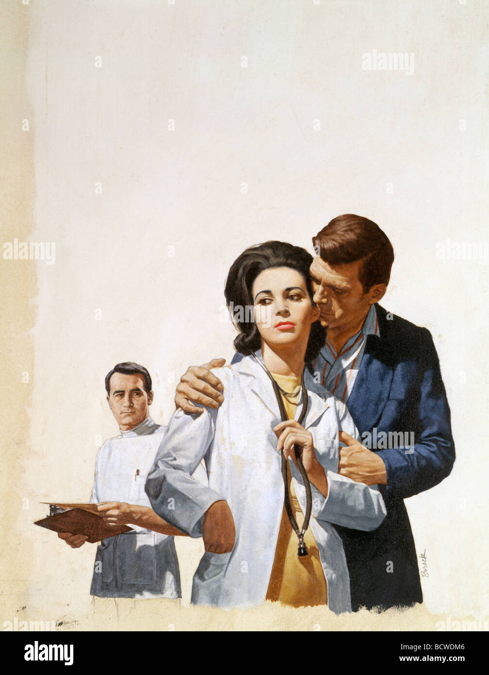 Man kissing female doctor, male doctor in the background by Stanley Borack, 20th century Stock Photo