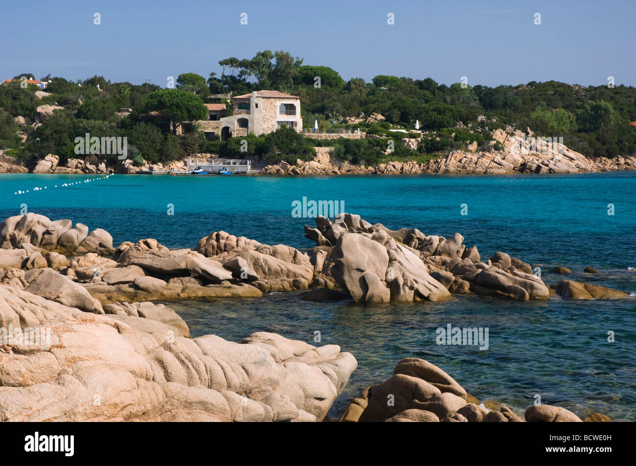 Rocky coast, holiday cottage, Capriccioli, Costa Smeralda, Sardinia, Italy, Europe Stock Photo