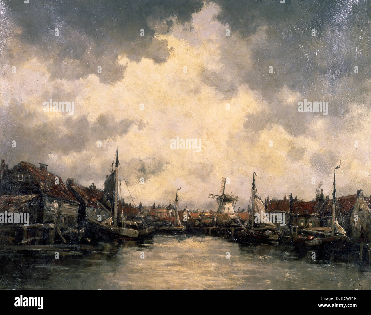 View of Dutch Harbor Town, by Johannes Hermanus Koekkoek II 1836-1909 Stock Photo